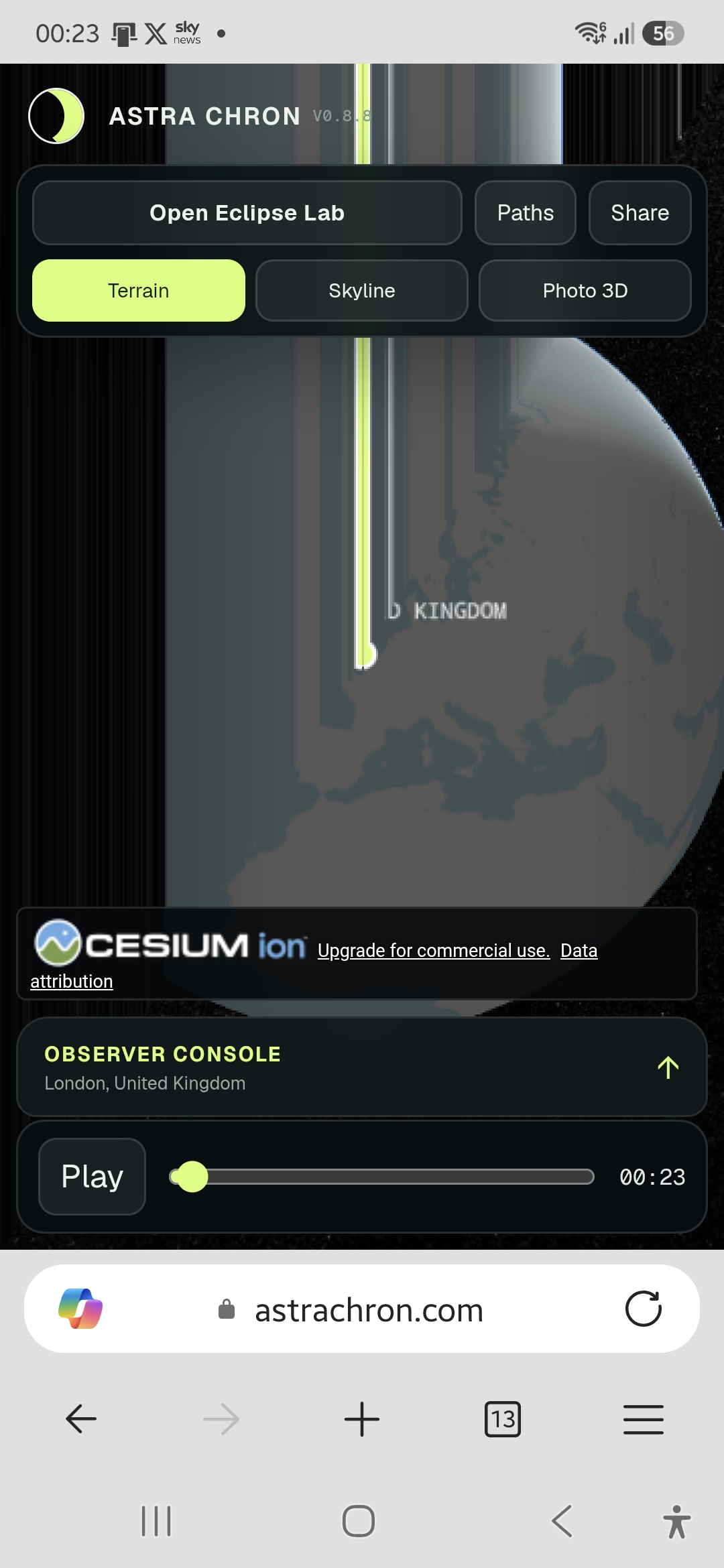 Example of the vertically stretched globe rendering in Microsoft Edge on a Samsung phone